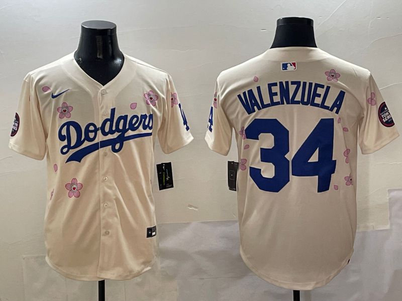 Men Los Angeles Dodgers 34 Valenzuela Cream White Blue Sakura Edition 2025 Nike MLB Jersey style 1
